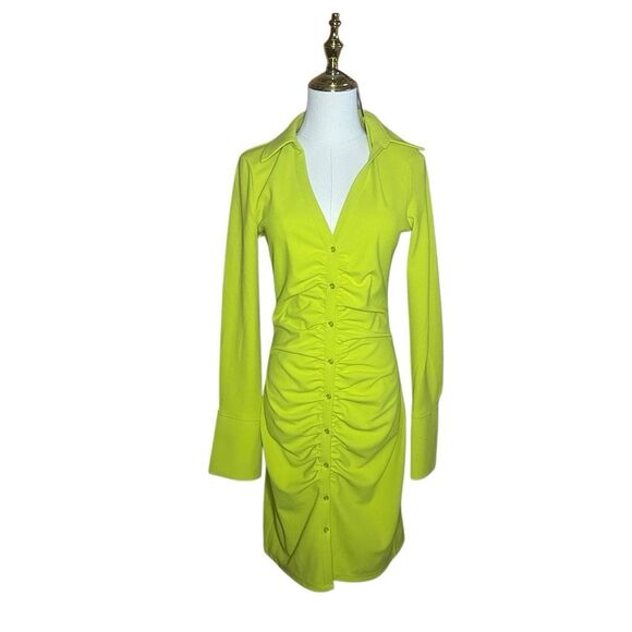 H&M Lime Green Long Sleeve Draped Shirt Dress Size S Button Front Ruched V-neck - Picture 1 of 15